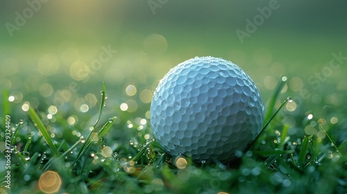 Gleaming golf ball, perfection on dewy green, morning's first light, ethereal, fresh ambiance, shadows playfully dance, AI Generative