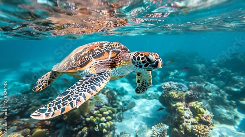 Hawksbill Sea Turtle gliding through the clear waters of the Indian Ocean, AI Generative