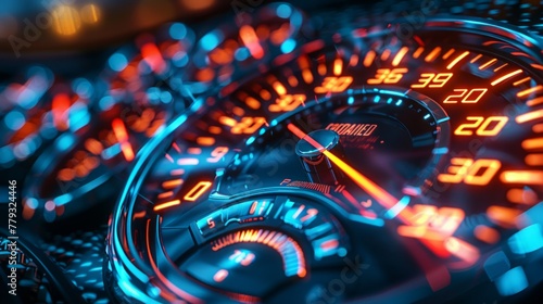 High performance car speedometer, needle hitting the top, 3D illustration, speed and power, exhilarating, illuminated dials and indicators , photorealism, AI Generative
