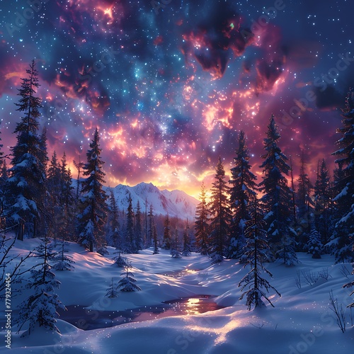 A snow-covered pine forest under a starry night sky, with the aurora borealis painting the horizon in vivid colors. © forall