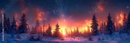 A snow-covered pine forest under a starry night sky, with the aurora borealis painting the horizon in vivid colors.