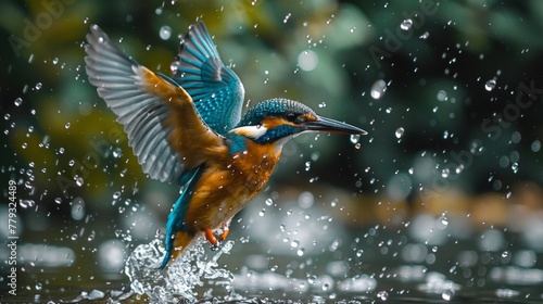 Kingfisher in motion, water cascading from its blue and orange plumage, a snapshot of nature's resilience, AI Generative © sorapop