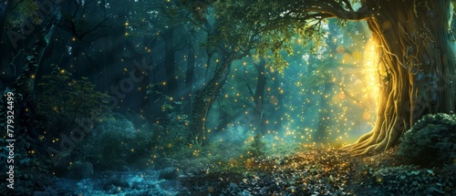 Magical forest clearing with a glowing portal to another world, AI Generative © sorapop