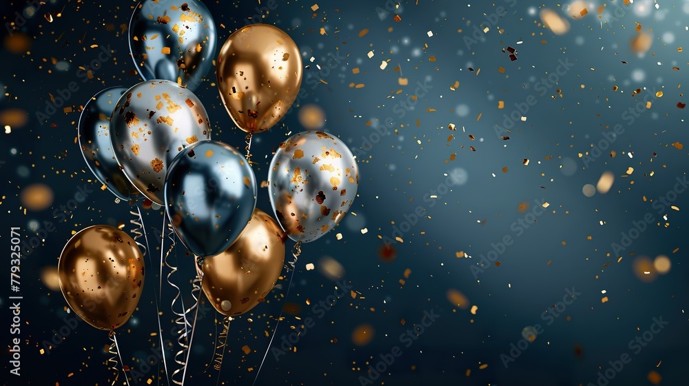 Sliver and gold balloons with confetti on dark blue background Sliver and gold balloons with confetti on dark blue background