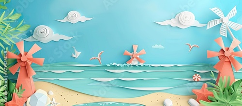 An artistic paper cutout depicting a beach scene with windmills and palm trees. The liquid water in the aqua background adds to the leisurely vibe of the travelthemed art piece