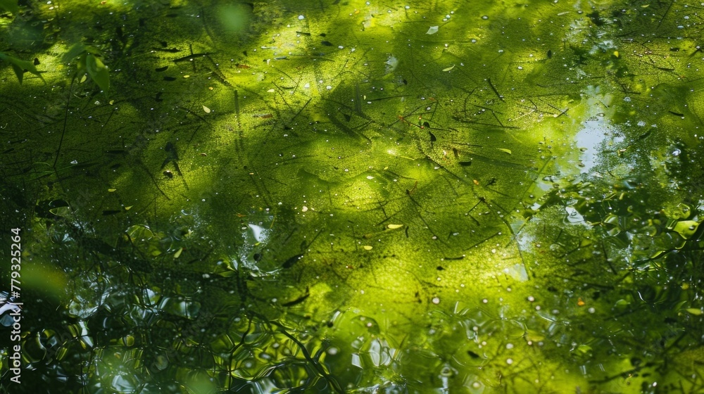 The bright green of an algal pond a key component in the production of biofuel reflects the vibrant greenery of its surroundings emphasizing the interconnectedness of innovation and .