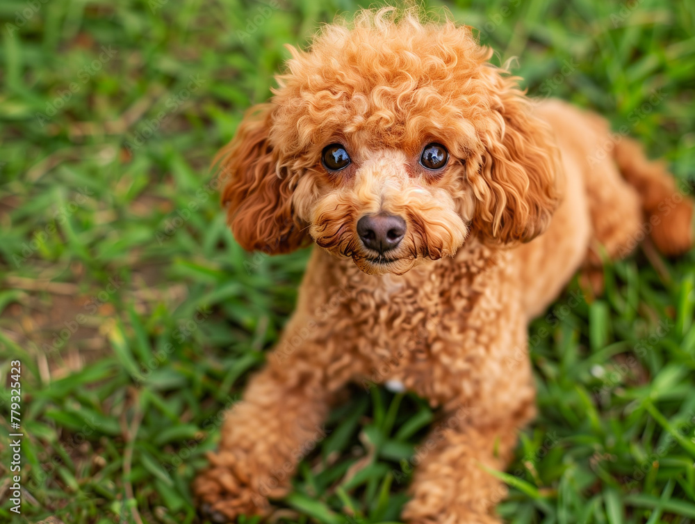 Cute brown poodle sitting on the grass