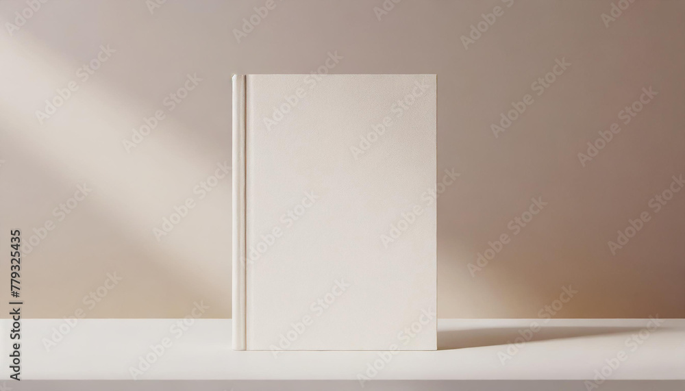 Hardcover book mockup front view with blank hard cover standing on beige table. background with empty space for text. Generative AI. Hardcover book mockup front view with blank hard cover standing on beige table. background with empty space for text. Generative AI.