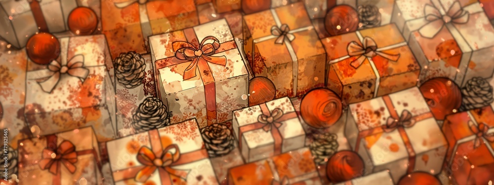  Multiple orange and white patterned gift boxes.