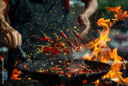 A chef tossing chillies into a flaming pan
