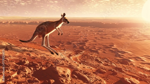 A kangaroo hopping effortlessly in Mars lower gravity with the red planets horizon stretching out behind it