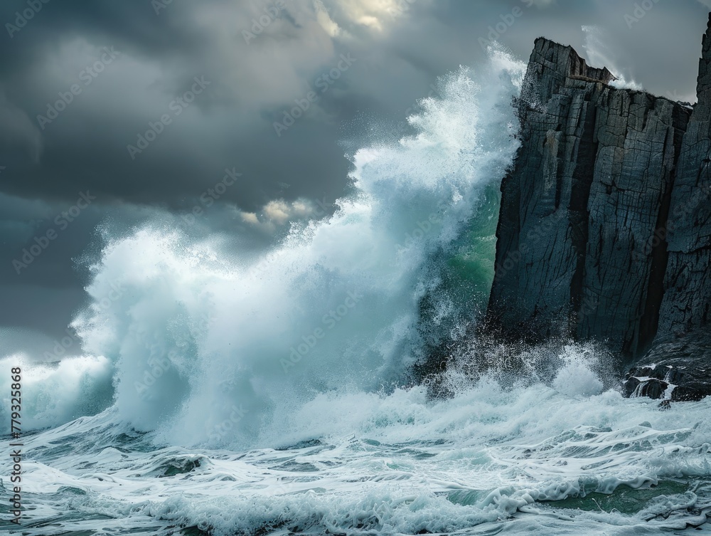 The powerful surge of waves crashing against a rocky coastline