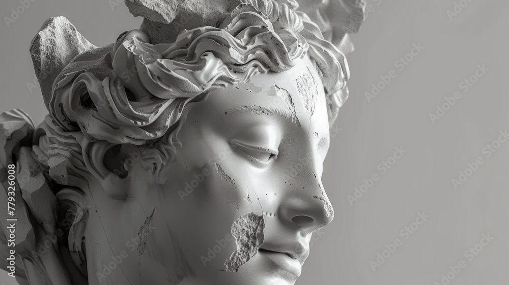 Monochrome statue detail with contemporary edge - Close-up of a classical statue in monochrome, emphasizing contrasts and the fusion of ancient art with a contemporary aesthetic Monochrome statue detail with contemporary edge - Close-up of a classical statue in monochrome, emphasizing contrasts and the fusion of ancient art with a contemporary aesthetic