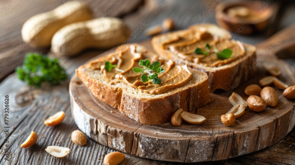 Peanut butter on toast with wooden background - Delicious toasts with peanut butter and parsley on top, placed on a rustic wooden board, surrounded by peanuts and whole peanuts