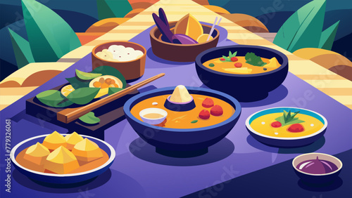 A closeup of a table set for a feast adorned with dishes featuring es and flavors from different cultures. The vibrant colors of the dishes