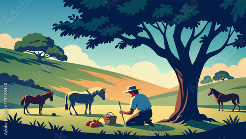 Under the shade of a large oak tree a farmer takes a break from plowing his fields to tend to his livestock. With gentle strokes he brushes his