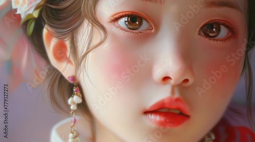 Close-up of a Chinese girl's face, her porcelain skin adorned with a rosy blush, her expression filled with the sweetness of romance and love.