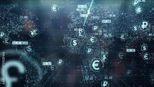 Global currencies exchange on abstract digital world map background. Stock market investment and trading concept. Transfer money technology and CBDC payments worldwide. Online banking account