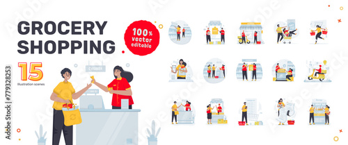 Grocery shopping at supermarket scenes illustration set