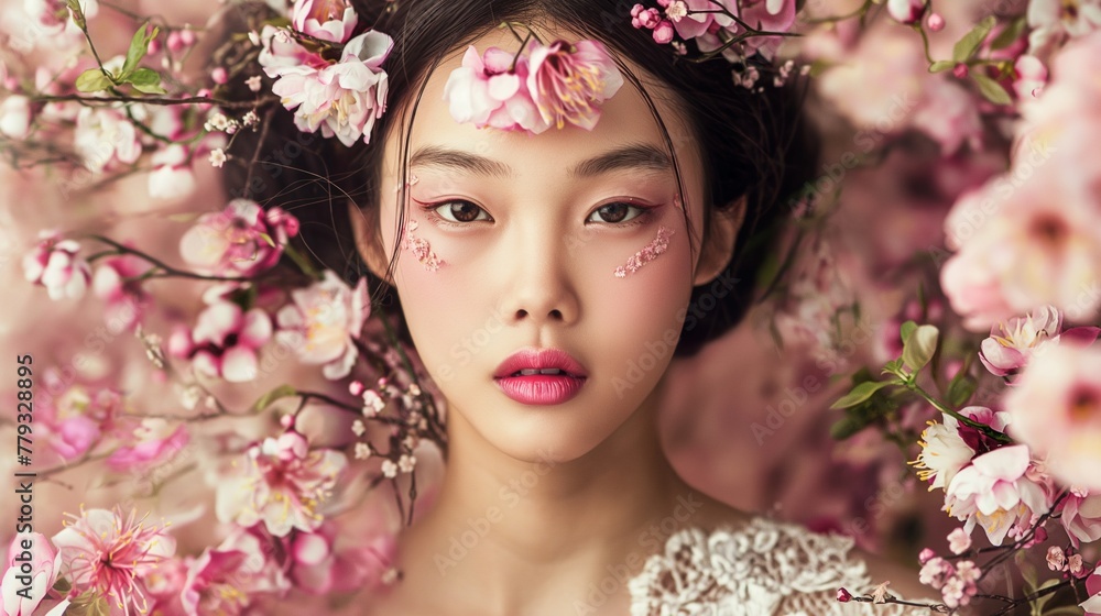 Serene Chinese model enchanting onlookers in a gown woven with fresh flowers, her hair adorned with fragrant blooms, emanating a sense of natural allure.