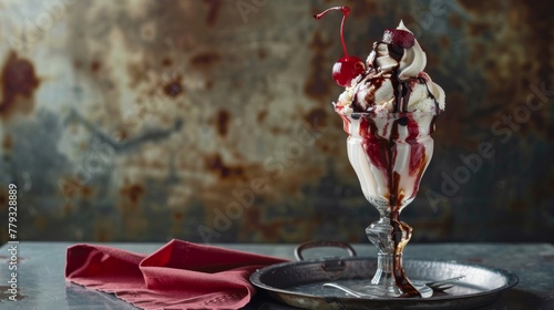 A vintage-style photograph of a classic American ice cream sundae. Scoops of vanilla and chocolate ice cream are layered in a tall glass goblet, topped with whipped cream, a maraschino cherry photo