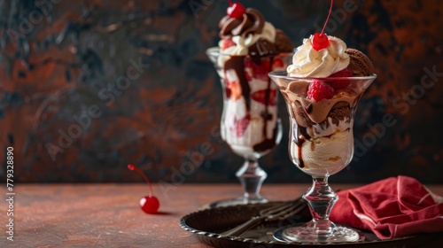 A vintage-style photograph of a classic American ice cream sundae. Scoops of vanilla and chocolate ice cream are layered in a tall glass goblet, topped with whipped cream, a maraschino cherry photo
