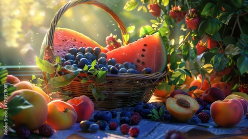 A vibrant still life showcasing a basket overflowing with fresh summer fruit. Plump blueberries, juicy peaches, and glistening watermelon slices are arranged artfully