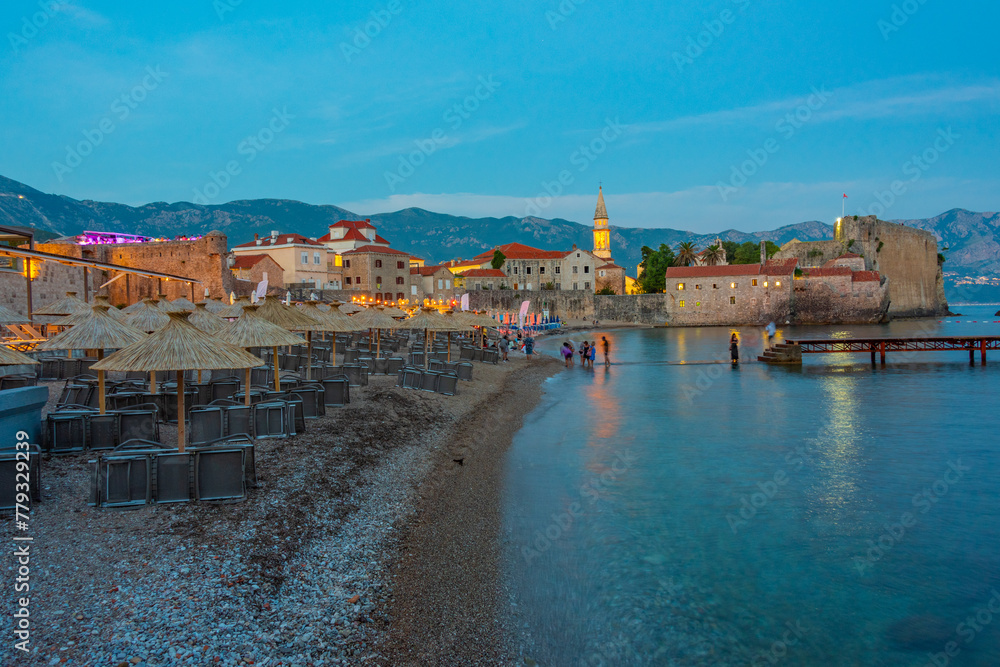 Sunset cityscape of the old town of Budva in Montenegro
