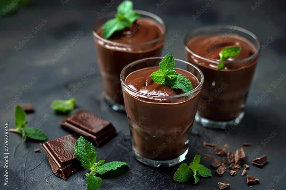 Two Glasses of Chocolate Pudding With Mint Garnish Two Glasses of Chocolate Pudding With Mint Garnish