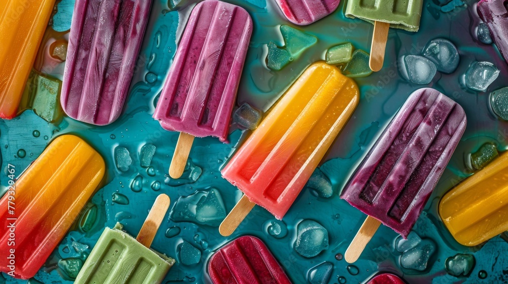 A vibrant overhead shot of a colorful summer popsicle party A vibrant overhead shot of a colorful summer popsicle party