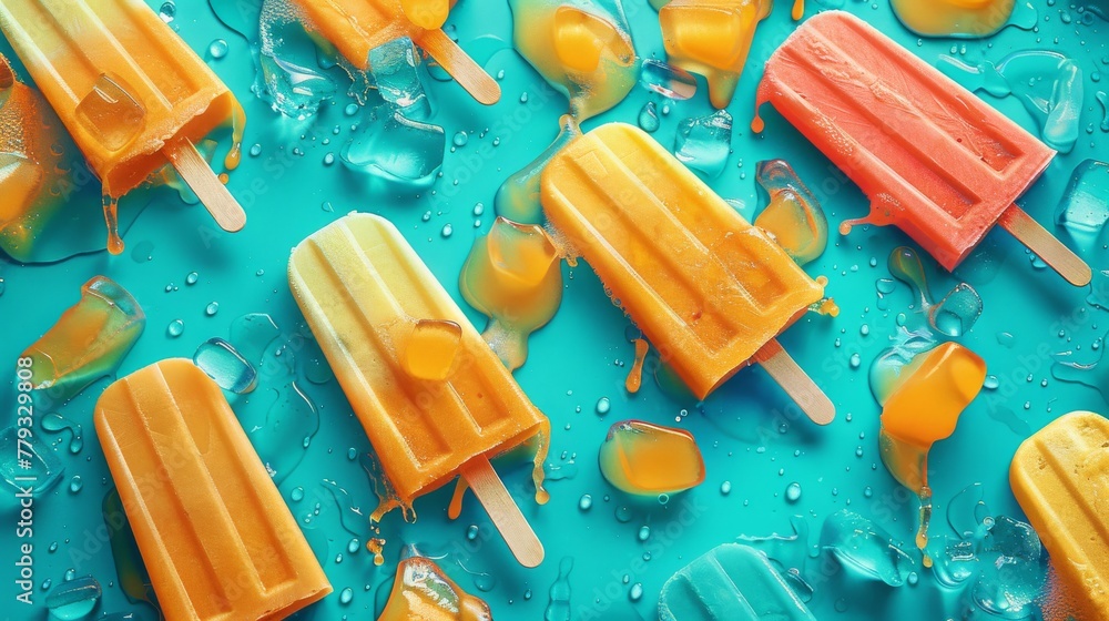 A vibrant overhead shot of a colorful summer popsicle party - obrazy, fototapety, plakaty 