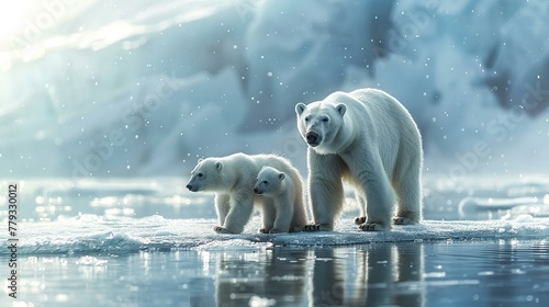 Polar bear family on ice drift  chilly Arctic panorama