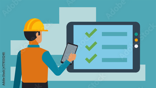 Closeup of a safety checklist being checked off on a tablet with an augmented reality simulation in the background showing workers the proper