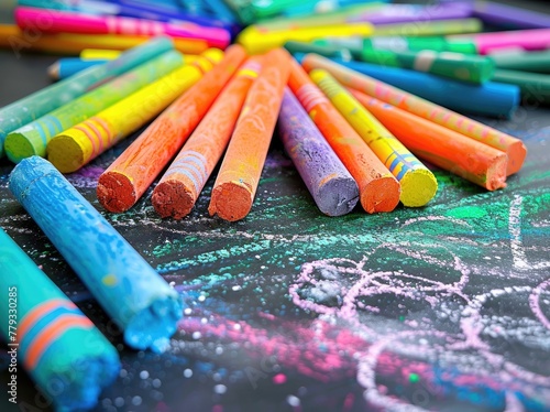 Whimsical Children's Chalk and Crayon Art: Playful Creations in Pink, Green, Blue, and Orange