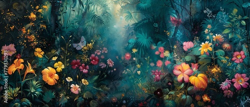 Jungle's breath, tropical blooms, ethereal glade photo