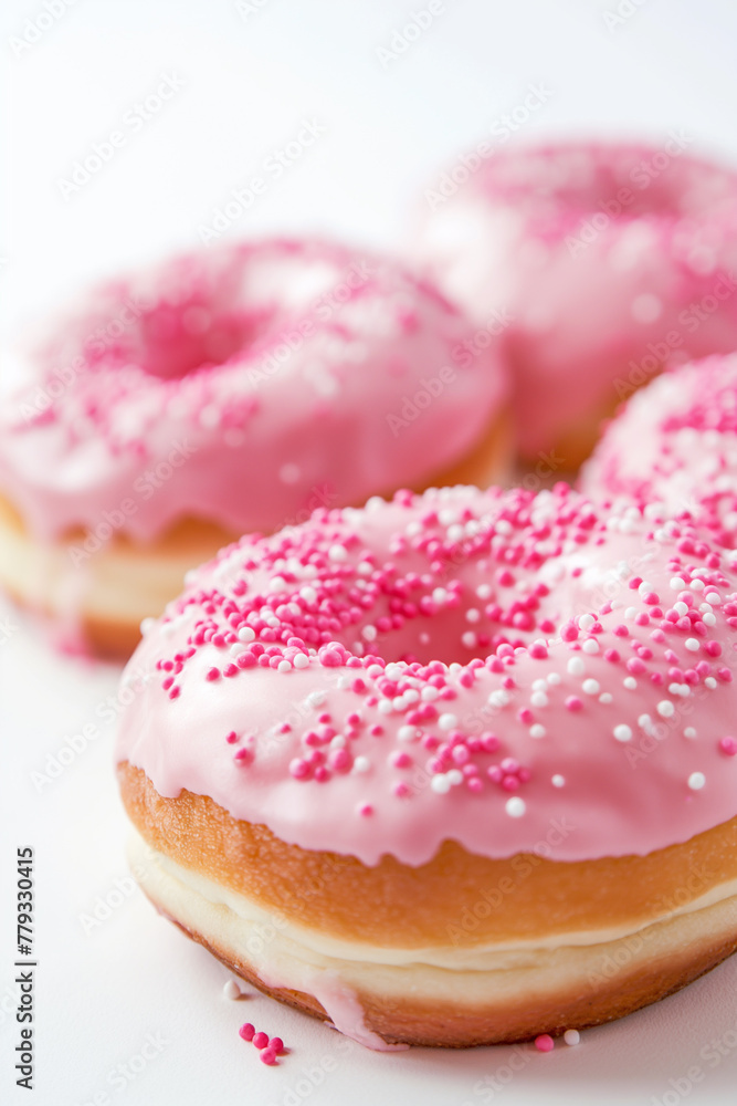 pink frosted donuts on a bold blue minimalist background. Strawberry Donut stock photo pink frosted donuts on a bold blue minimalist background. Strawberry Donut stock photo