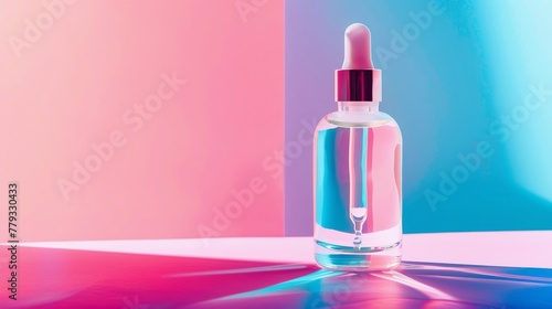 Vivid, lively background sets the stage for a serum bottle, illustrating the products revitalizing effects low texture