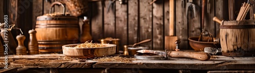 Rustic  historical setting with vintage tools  providing a timeless ambiance for product showcasing low texture