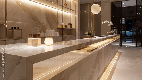 Luxurious marble surface gleaming under soft lighting, elevating product displays to elegance no dust