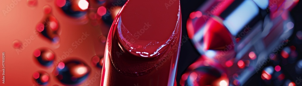 Closeup of lipstick with a vibrant swatch on glass, showcasing its rich color and texture no dust Closeup of lipstick with a vibrant swatch on glass, showcasing its rich color and texture no dust