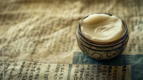 Antique container of facial cream, shot with a background of ancient wellness scriptures low noise