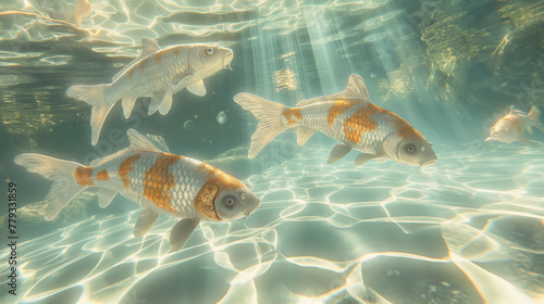 orange and white spotted koi fish swimming in clear water with rays of light, calming and peaceful background. © Michael
