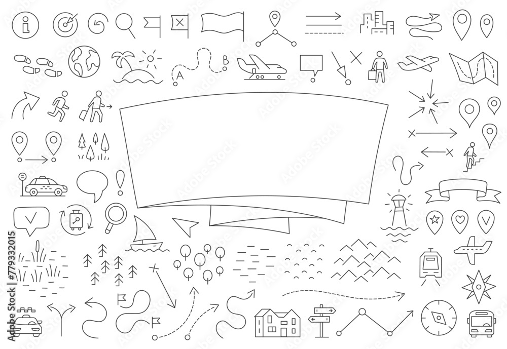 Fototapeta premium Travelers notes cover. Map set doodle background. Copy space. Vector editable outline stroke.