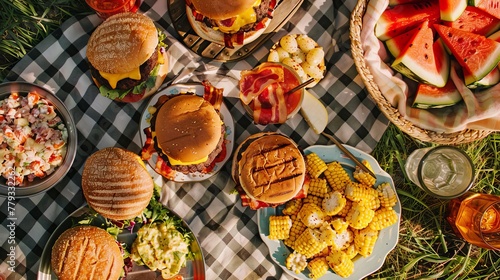 A mouthwatering overhead shot of a backyard barbecue spread photo