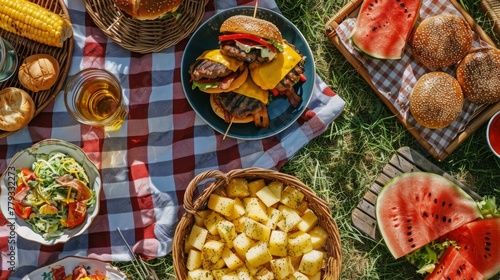 A mouthwatering overhead shot of a backyard barbecue spread