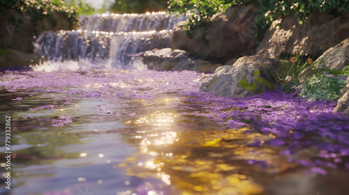 a fantasy waterfall landscape with a light purple and gold from the sunrays glimmering. vibrant floral trees calm and peaceful  y2k  background.