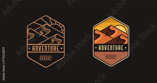 Emblem Desert landscape adventure explore park outdoor logo icon vector on black background
