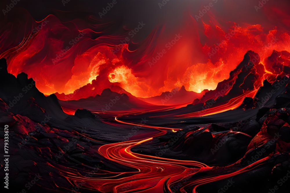 A swirling red gradient resembling molten lava flowing through a dark landscape.