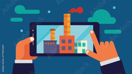A closeup of a workers hand holding a tablet device showcasing how the physical factory is connected to its digital twin counterpart.