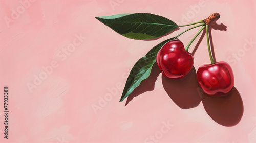 illustration oil painting of two cherries on a pastel light red background.